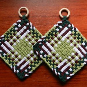 Set of 2 Handmade Artisan Woven Loomed Harvest Potholders Hot Pads Trivets